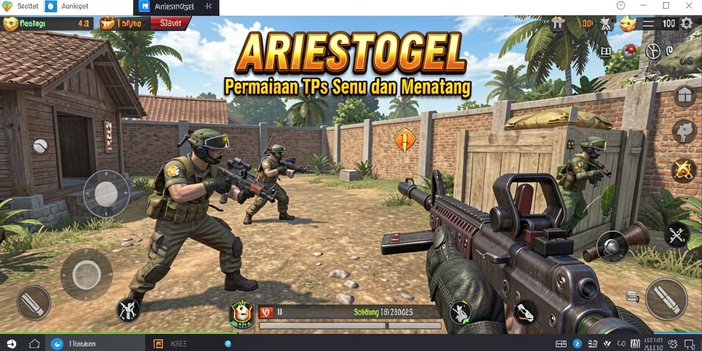 Tangkapan layar utama ARIESTOGEL memperlihatkan aksi gameplay TPS yang mendebarkan.