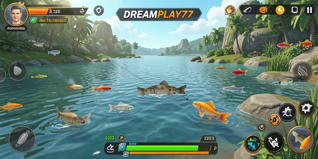 Menampilkan gameplay menyerukan saat memancing di DREAMPLAY77.
