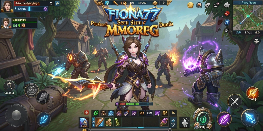 Screenshot gameplay FIONA77 menampilkan pertempuran epik dan pemandangan indah.