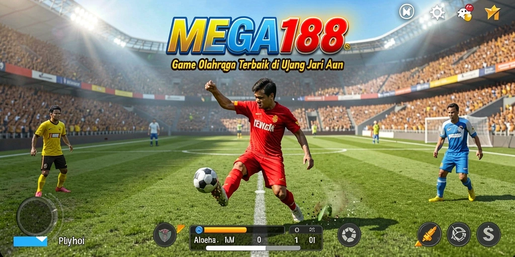 Screenshot utama MEGA188 menunjukkan aksi menegangkan saat bermain olahraga.