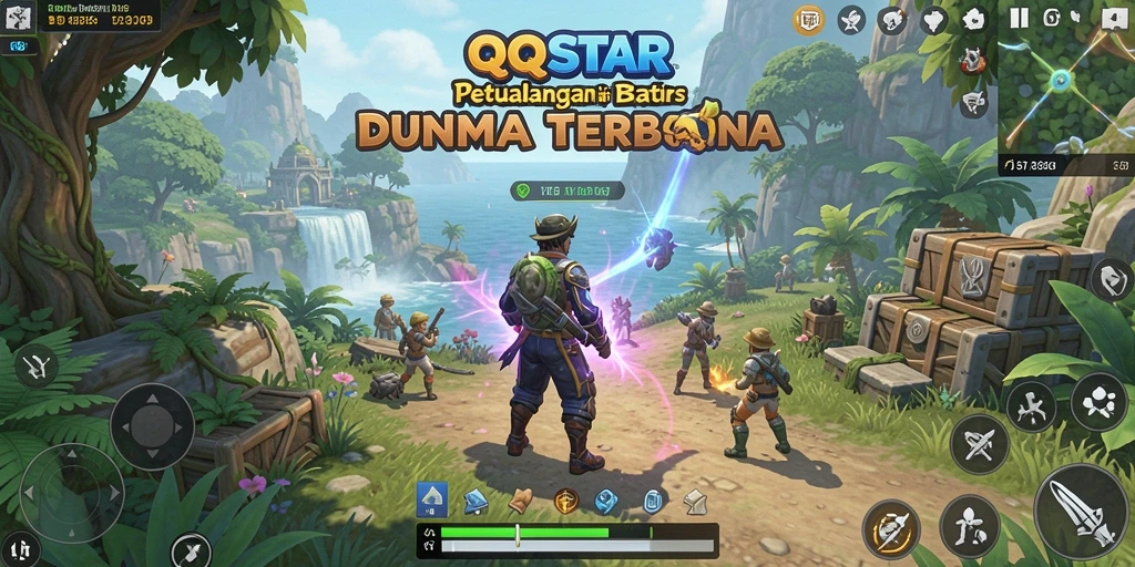 Screenshot utama QQSTAR menampilkan seorang pemain yang menjelajahi hutan lebat dalam dunia Open World.