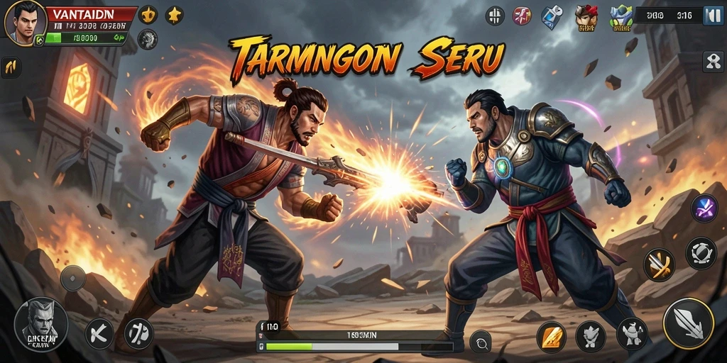 Tangkapan layar memperlihatkan pertarungan epik dengan karakter dan efek yang menakjubkan.